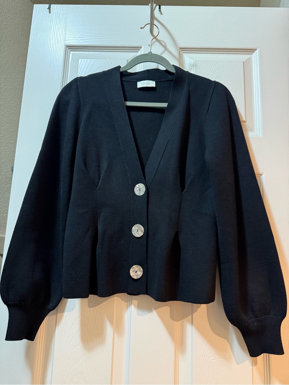 Meshki Black V-Neck Button-Front cardigan. Black. Size Medium.